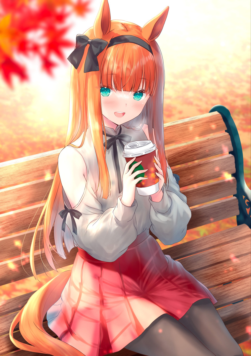 1girl absurdres animal_ears autumn_leaves bench black_bow black_hairband black_pantyhose black_ribbon blue_eyes blunt_bangs blush bow clothing_cutout commentary_request cup disposable_coffee_cup disposable_cup green_eyes hair_bow hairband highres hime_cut holding holding_cup horse_ears horse_girl horse_tail leaf long_hair long_sleeves looking_at_viewer neck_ribbon on_bench open_mouth orange_hair orange_tail outdoors pantyhose red_skirt ribbon sasaminiku_(chickenbstrips) shirt shoulder_cutout silence_suzuka_(umamusume) sitting skirt smile solo tail umamusume white_shirt