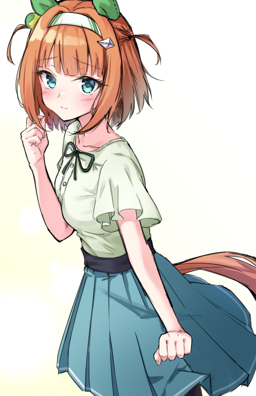 1girl absurdres alternate_hair_length alternate_hairstyle animal_ears blue_eyes blue_skirt blush clenched_hand closed_mouth ear_covers green_shirt hairband highres horse_ears horse_girl horse_tail looking_at_viewer orange_hair playing_with_own_hair pleated_skirt shirt short_hair short_sleeves silence_suzuka_(umamusume) skirt solo tail tiara_(871220) umamusume white_hairband