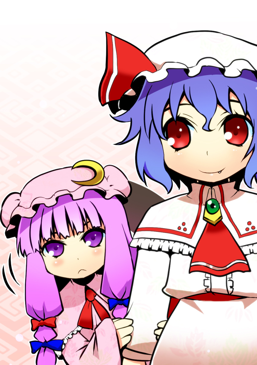 absurdres arm_holding blue_hair cling crescent fang hat highres long_hair patchouli_knowledge purple_eyes purple_hair red_eyes remilia_scarlet short_hair shy smile takadoya touhou violet_eyes young