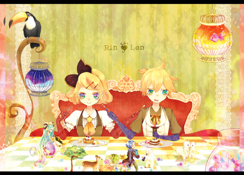 alpaca animal bird_cage blonde_hair bow chair checkered cupcake deer elbow_gloves fish food fork gumi hairclip hatsune_miku kagamine_len kagamine_rin kaito mermaid open_mouth plate polar_bear ponytail ribbon scarf toucan tree vocaloid