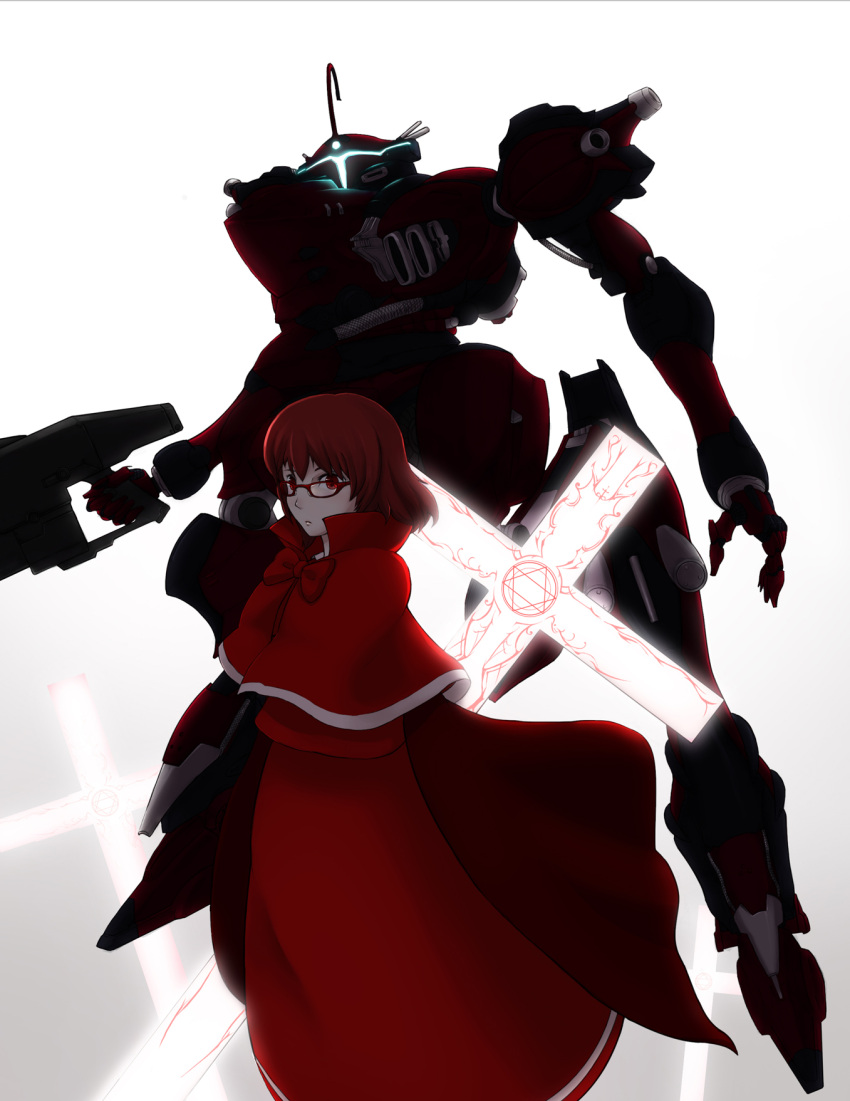 armored_core armored_core:_for_answer armored_core_4 cape cross crossover dress eshi_(solokov) glasses gun highres mecha okazaki_yumemi red_eyes red_hair redhead solo touhou touhou_(pc-98) weapon