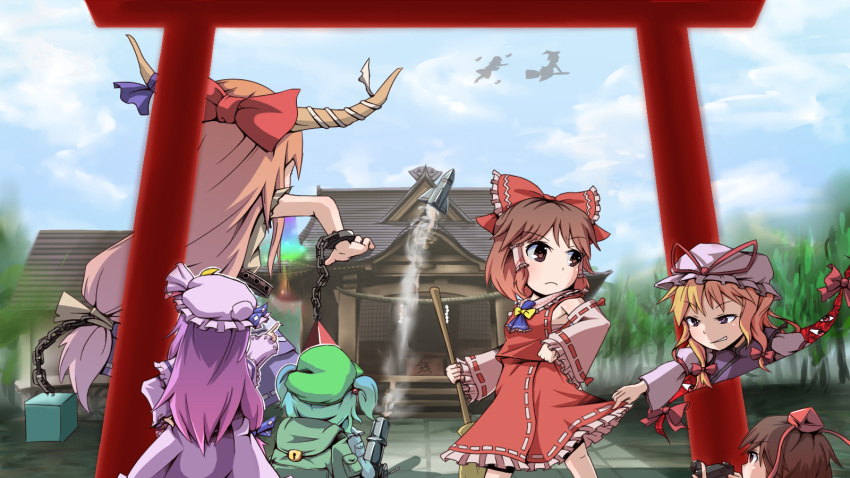 16:9 backpack bad_id bag blonde_hair bow box broom brown_eyes brown_hair camera crescent detached_sleeves doll donation_box fai_(zigzagflamberge) gap green_hair grin hair_bobbles hair_bow hair_ornament hakurei_reimu hand_on_hip hat highres hips horns ibuki_suika japanese_clothes kawashiro_nitori kirisame_marisa long_hair miko patchouli_knowledge pointing purple_eyes purple_hair randoseru rocket sanuki_(zigzagflamberge) shameimaru_aya shide shimenawa shrine skirt skirt_lift sky smile subterranean_animism symbol-shaped_pupils tokin_hat torii touhou twintails violet_eyes wallpaper yakumo_yukari yin_yang