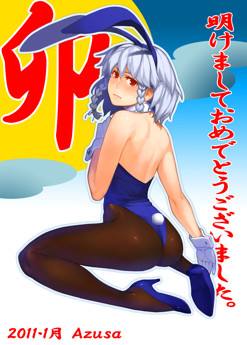 2011 absurdres animal_ears ass azusa back bare_back black_legwear black_pantyhose blush braid bunny_ears bunny_tail bunnysuit frown gloves high_heels highres izayoi_sakuya kneeling legs looking_back pantyhose red_eyes shoes short_hair silver_hair solo tail the_embodiment_of_scarlet_devil touhou twin_braids white_gloves wrist_cuffs