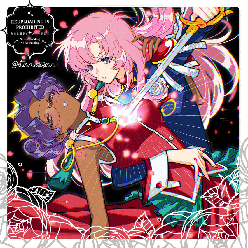 2girls absurdres aiguillette arm_around_back bindi blue_eyes border chaahan_(0421_han2) commentary dark-skinned_female dark_skin dress epaulettes flower glasses highres himemiya_anthy human_scabbard multiple_girls pink_hair pink_lips purple_hair red_dress rose shoujo_kakumei_utena signature sleeveless sleeveless_dress tenjou_utena white_border white_flower white_rose