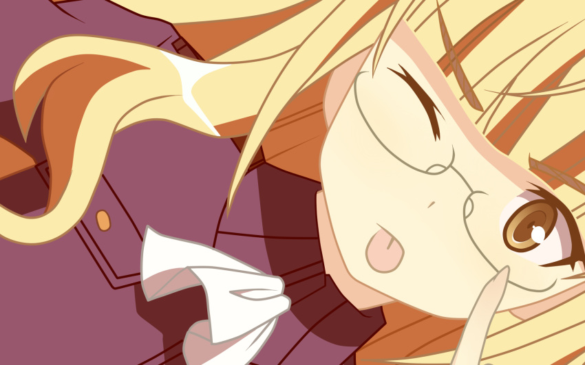 1girl bangs blonde_hair blunt_bangs dutch_angle face glasses highres long_hair military military_uniform perrine-h_clostermann perrine_h_clostermann solo strike_witches tongue uniform vector_trace wallpaper wink yellow_eyes