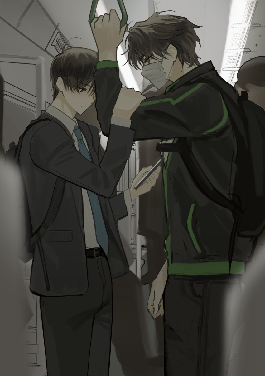 2boys absurdres alternate_costume black_coat black_eyes black_hair black_jacket blue_necktie coat collared_shirt cowboy_shot hand_grip hand_on_another's_arm highres holding_hand_grip jacket keomikan kim_dokja male_focus mask mouth_mask multiple_boys necktie omniscient_reader's_viewpoint people shirt short_hair standing striped_clothes striped_jacket train_interior white_shirt yoo_joonghyuk
