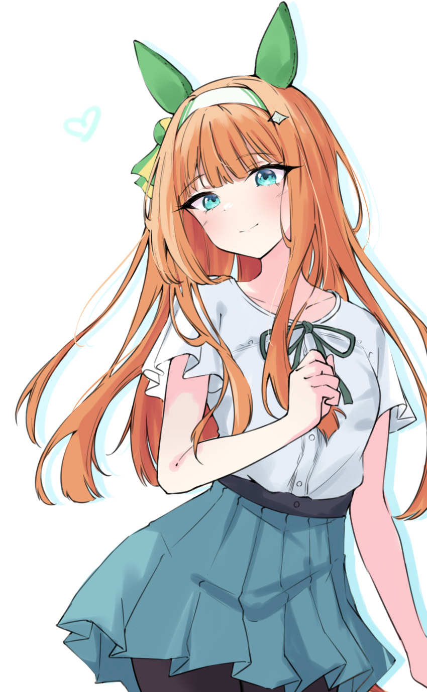 1girl absurdres animal_ears aqua_eyes aqua_skirt black_pantyhose breasts closed_mouth commentary_request cowboy_shot ear_covers highres horse_ears horse_girl light_blush long_hair looking_at_viewer neck_ribbon orange_hair pantyhose ribbon shirt shirt_tucked_in short_sleeves silence_suzuka_(casual)_(umamusume) silence_suzuka_(umamusume) simple_background skirt small_breasts smile solo tiara_(871220) umamusume white_background white_shirt