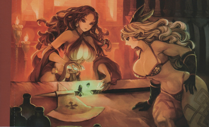 2girls amazon_(dragon's_crown) armlet armor bikini_armor black_hair blonde_hair breasts character_request circlet cleavage criss-cross_halter dragon's_crown earrings feathers gloves hair_feathers halberd halter_top halterneck jewelry large_breasts long_hair multiple_girls muscle no_hat no_headwear official_art polearm repairing ring scan scan_artifacts sepia tattoo thick_thighs thighs vanillaware wavy_hair weapon