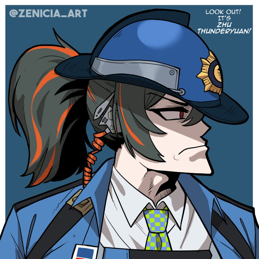 1girl black_hair blue_background blue_hat blue_jacket blue_necktie border cassius_thundercock_(meme) checkered_necktie collared_shirt commentary english_commentary green_necktie hat highres jacket looking_to_the_side medium_hair meme multicolored_hair necktie orange_hair police police_uniform policewoman ponytail portrait red_eyes shirt solo streaked_hair two-tone_hair two-tone_necktie v-shaped_eyebrows white_border white_shirt zenicia_art zenless_zone_zero zhu_yuan