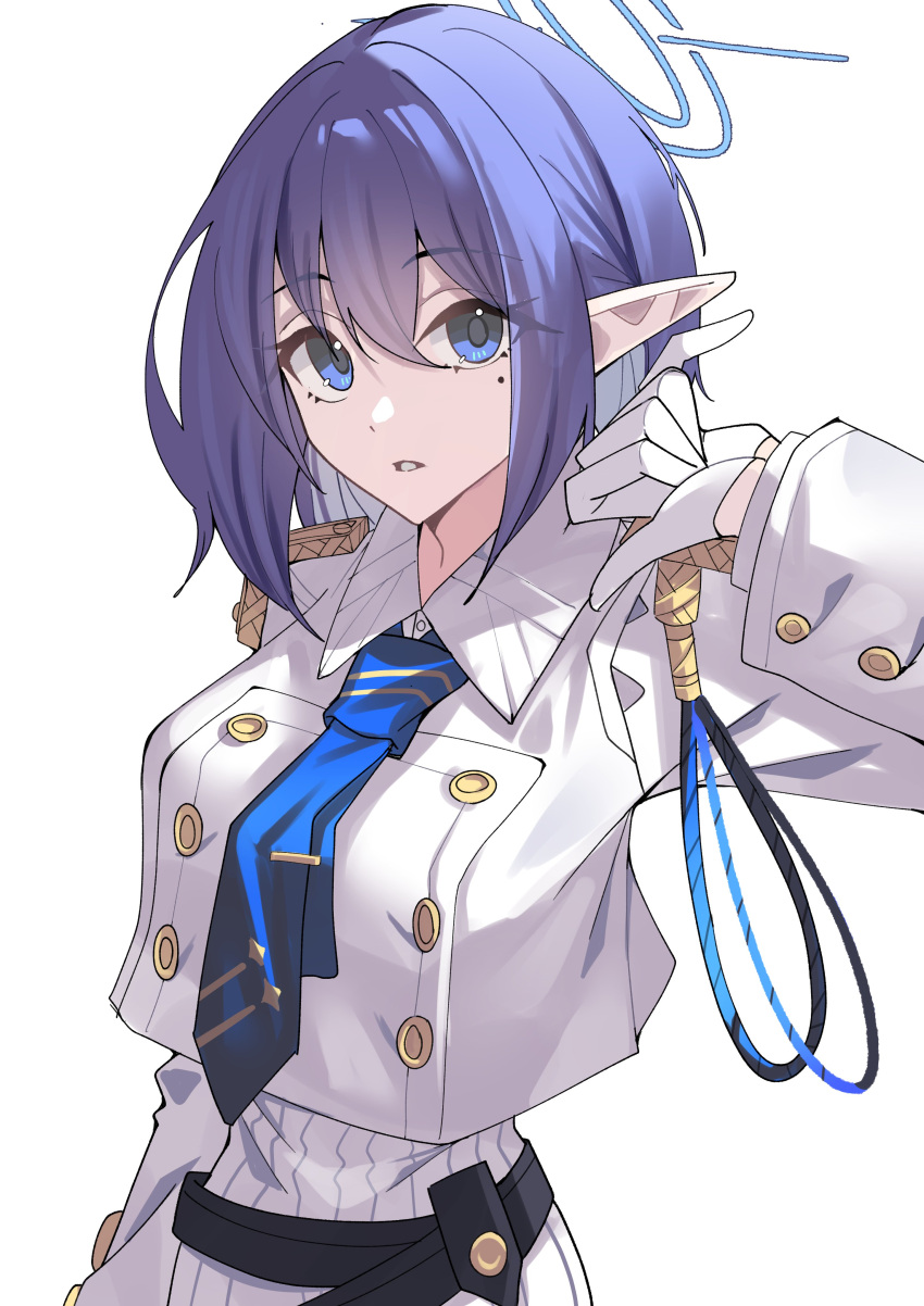 1girl absurdres aoi_(blue_archive) blue_archive blue_eyes blue_halo blue_necktie breasts buttons collared_shirt commentary double-breasted gloves halo hand_up highres jacket large_breasts long_sleeves medium_hair mole mole_under_eye necktie oil_sob parted_lips pointy_ears purple_hair shirt simple_background solo symbol-only_commentary upper_body white_background white_gloves white_jacket white_shirt