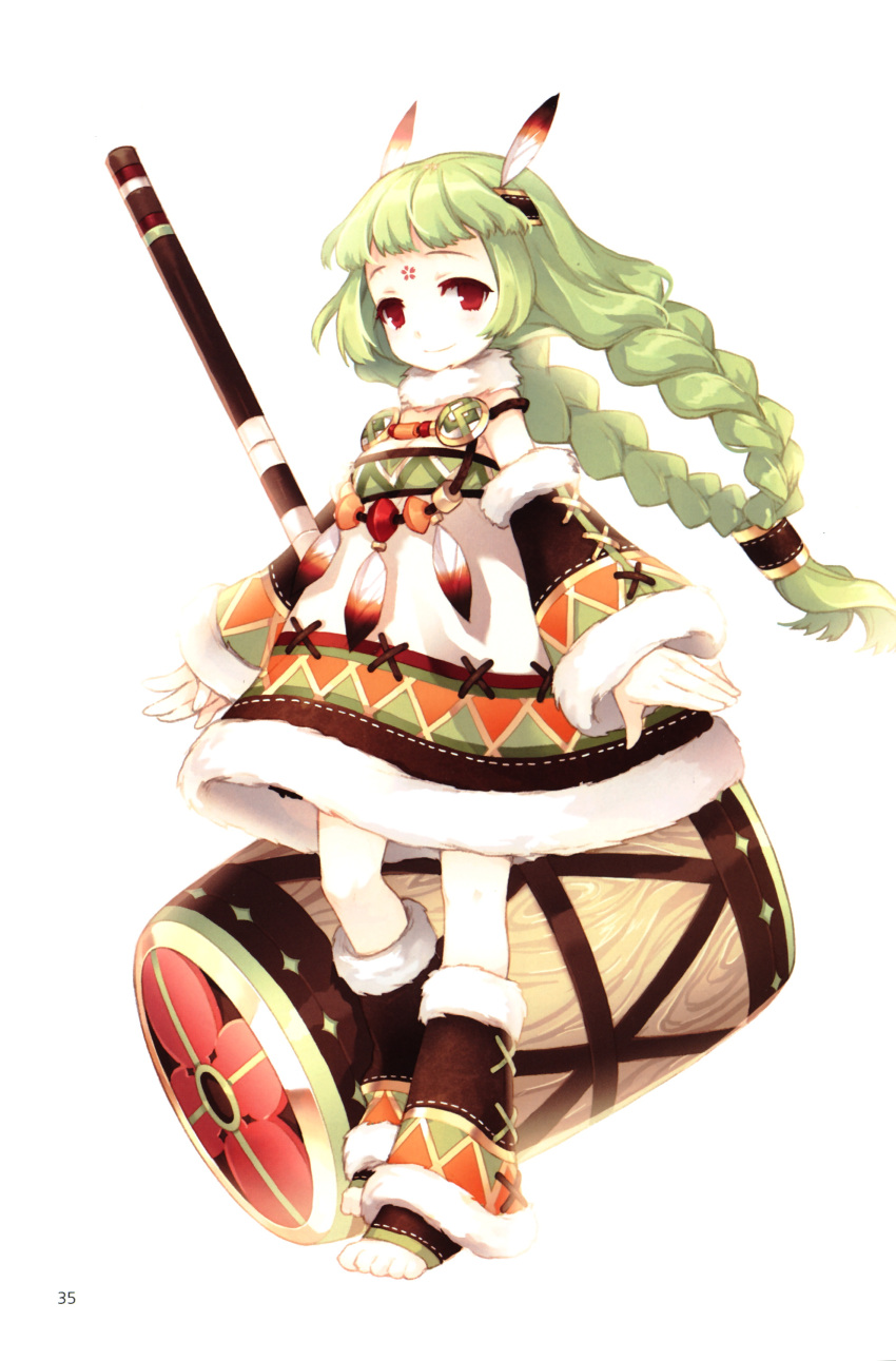 bangs barefoot blunt_bangs braid detached_sleeves dress face facial_mark feathers forehead_mark green_hair hammer headband highres jewelry leg_warmers necklace original red_eyes scan skirt smile solo tareme tearfish twin_braids weapon young