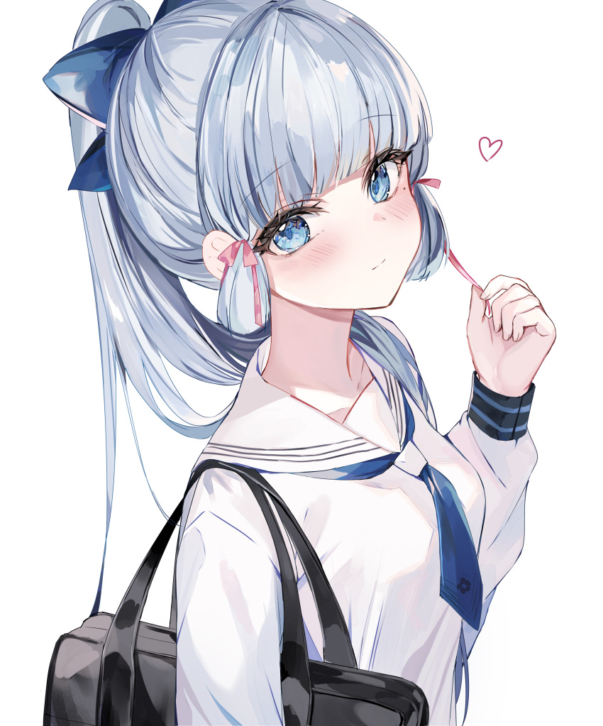 1girl absurdres aqua_eyes aqua_hair bag blue_necktie blush closed_mouth collarbone commentary_request genshin_impact hair_ribbon highres kamisato_ayaka kamisato_ayaka_(heytea) long_sleeves looking_at_viewer necktie official_alternate_costume official_alternate_hairstyle pink_ribbon ponytail ribbon sailor_collar school_uniform serafuku shoulder_bag sidelocks simple_background smile solo sonna_banana upper_body white_background white_sailor_collar