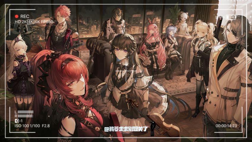 3boys 6+girls absurdres alisa:_echo_(pgr) alisa_(pgr) alternate_costume animal_ears anniversary ayla:_kaleido_(pgr) ayla_(pgr) bambinata:_vitrum_(pgr) bambinata_(pgr) belt black_hair bow braid cat_ears city_lights cityscape couch dog_tags donggong_limao dress drum drum_set eyepatch glasses grey_hair guitar highres instrument jacket karenina:_scire_(pgr) karenina_(pgr) light_smile looking_at_viewer mechabare multiple_boys multiple_girls necktie no._21:_feral_(pgr) no._21_(pgr) noan:_arca_(pgr) noan_(pgr) noctis:_indomitus_(pgr) noctis_(pgr) official_art open_clothes open_jacket pink_eyes pink_hair plant ponytail potted_plant punishing:_gray_raven rabbit_ears red_eyes red_hair ribbon scar selena:_capriccio_(pgr) selena_(pgr) sitting tattoo thigh-highs twin_braids twintails vera:_garnet_(pgr) vera_(pgr) violet_eyes violin watanabe:_epitaph_(pgr) watanabe_(pgr) white_hair window wolf_ears yellow_eyes
