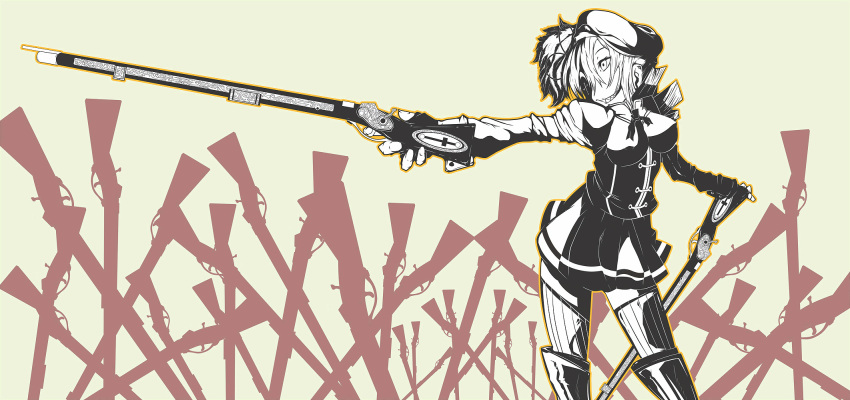 artist_request belu_(zazaroro) crazy cross drill_hair field_of_blades fingerless_gloves gloves grin gun hat highres magical_girl magical_musket mahou_shoujo_madoka_magica rifle skirt smile solo thigh-highs thighhighs tomoe_mami twin_drills twintails weapon