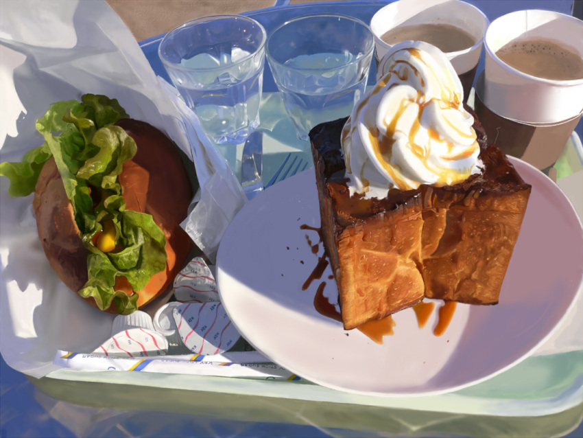 cake coffee cream cup food fork glass hamburger knife marin_(ririkare)no_humans original photorealistic plate realistic salad still_life tray water