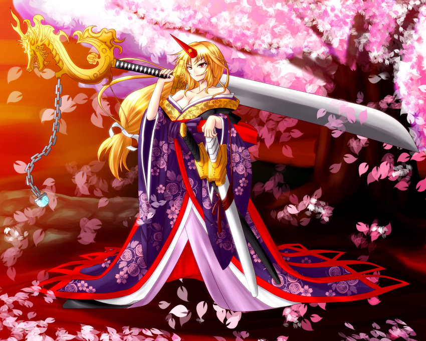 blonde_hair cherry_blossoms haniwa_no_kaoiro highres horn hoshiguma_yuugi huge_weapon japanese_clothes katana kimono long_hair red_eyes solo sword touhou untsue weapon