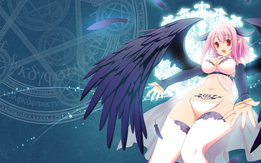 black_wings breasts cleavage feathers highres horns magic_circle open_mouth original outstretched_arms outstretched_hand panties pink_hair pixiv_fantasia pixiv_fantasia_4 pointy_ears red_eyes see-through short_hair solo tattoo thigh-highs thighhighs underwear underwear_only wallpaper white_legwear white_thighhighs wings
