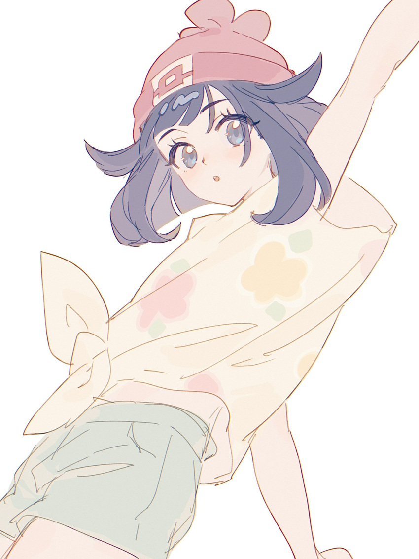 1girl beanie black_hair blue_eyes blush floral_print fua1heyvot4ifsr green_shorts hat highres looking_at_viewer parted_lips pokemon pokemon_sm red_hat selene_(pokemon) shirt short_hair short_sleeves shorts simple_background t-shirt tied_shirt white_background yellow_shirt