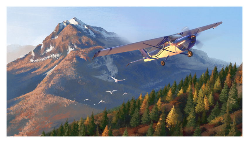 aircraft airplane blue_sky border commentary english_commentary evening forest gjb870216 highres landscape motion_blur mountain nature no_humans original outdoors photorealistic propeller realistic scenery simple_background sky white_border
