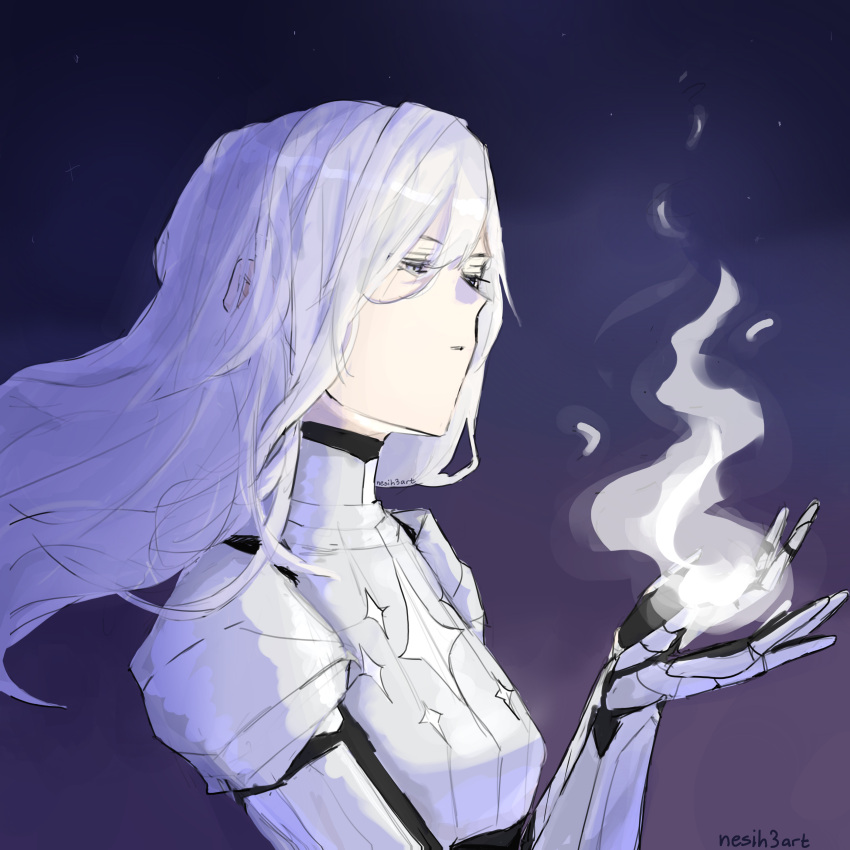1girl absurdres armor burning fire from_side glowing grey_eyes hands_up highres long_hair nephis_(shadow_slave) nesih3art shadow_slave shoulder_armor solo upper_body white_hair