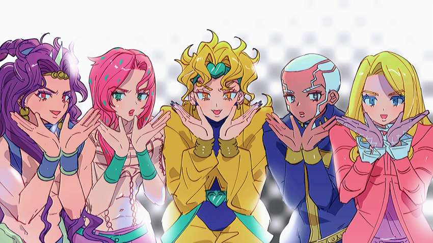 +_+ 5boys :d :o absurdres asami_poe_n battle_tendency black_nails blonde_hair blue_eyes braid bright_pupils cassock coat colored_eyelashes commentary_request curly_hair dark-skinned_male dark_skin diavolo dio_brando ear_birthmark earrings enrico_pucci fang fingernails frilled_sleeves frills funny_valentine gloves green_eyes green_headband hands_up headband highres horns jacket jewelry jojo_no_kimyou_na_bouken kars_(jojo) lipstick long_fingernails long_hair long_sleeves looking_at_viewer makeup male_focus multiple_boys open_mouth pants pink_coat pink_hair pink_lips purple_gloves purple_hair red_eyes short_hair smile spotted_hair stardust_crusaders steel_ball_run stone_ocean sweat topless_male upper_body vento_aureo very_long_hair very_short_hair violet_eyes white_hair white_pupils yellow_jacket yellow_pants