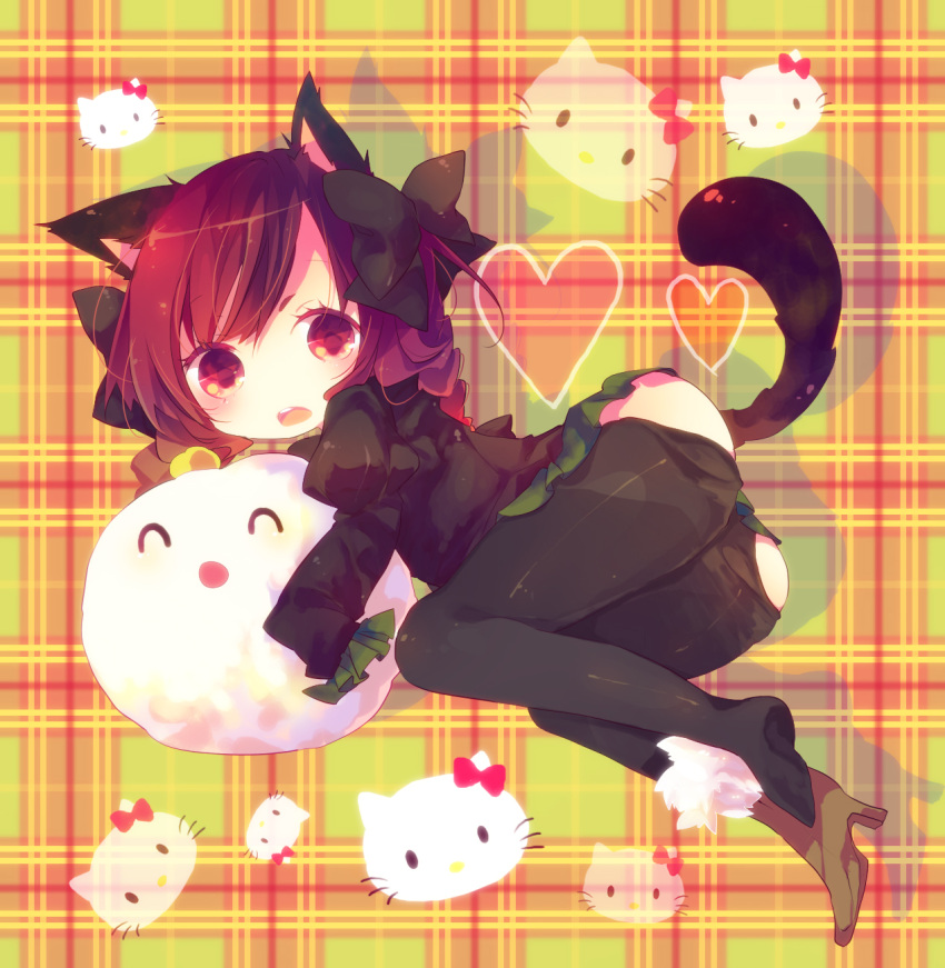 :o ana_(rznuscrf) animal_ears bad_id bow braid cat_ears cat_tail doll doll_hug hair_bow hello_kitty high_heels highres kaenbyou_rin pantyhose pantyhose_pull plaid plaid_background red_eyes red_hair shoes single_shoe solo tail touhou twin_braids twintails