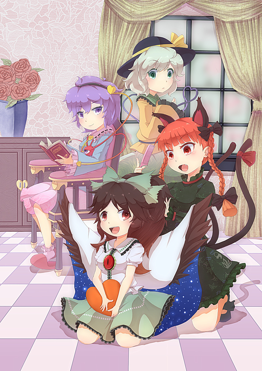 absurdres animal_ears bad_id blonde_hair blouse book bow braid breasts cabinet cat_ears cat_tail comb combing curtains dress fai_(zigzagflamberge) flower green_dress green_eyes green_hair hair_bow hat heart heart_of_string highres kaenbyou_rin kneeling komeiji_koishi komeiji_satori large_breasts long_hair multiple_girls multiple_tails pillow purple_eyes purple_hair reading red_eyes red_hair red_rose reiuji_utsuho rose sanuki_(zigzagflamberge) short_hair sitting skirt smile tail third_eye tile_floor tiles touhou twin_braids vase window wings