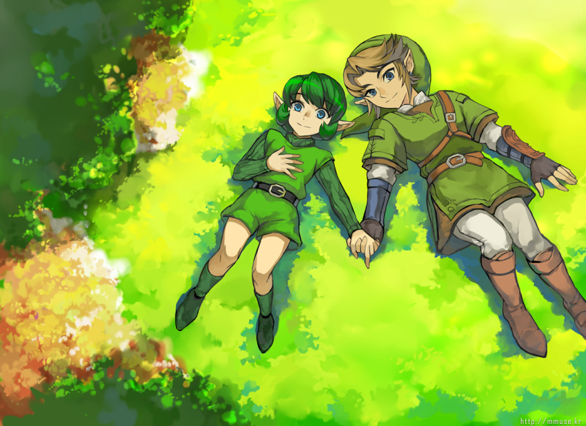 blue_eyes earrings gloves green_eyes green_hair hand_holding holding_hands jewelry link lying muse_(rainforest) nature nintendo ocarina_of_time pointy_ears saria the_legend_of_zelda twilight_princess