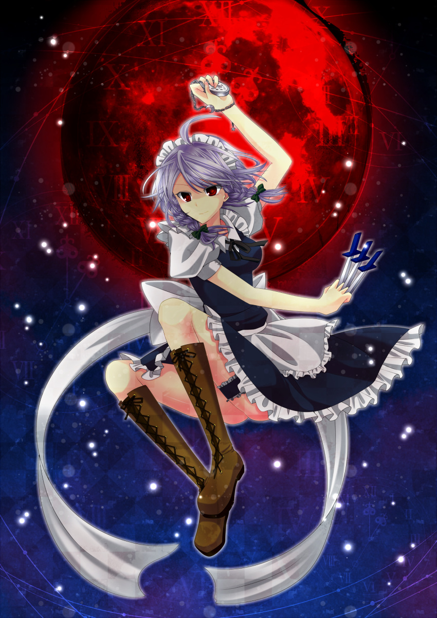 absurdres boots bow braid female full_moon hair_bow highres izayoi_sakuya jumping knife maid maid_headdress moon pocket_watch red_eyes red_moon shawa short_hair silver_hair smile solo the_embodiment_of_scarlet_devil throwing_knife touhou twin_braids watch weapon
