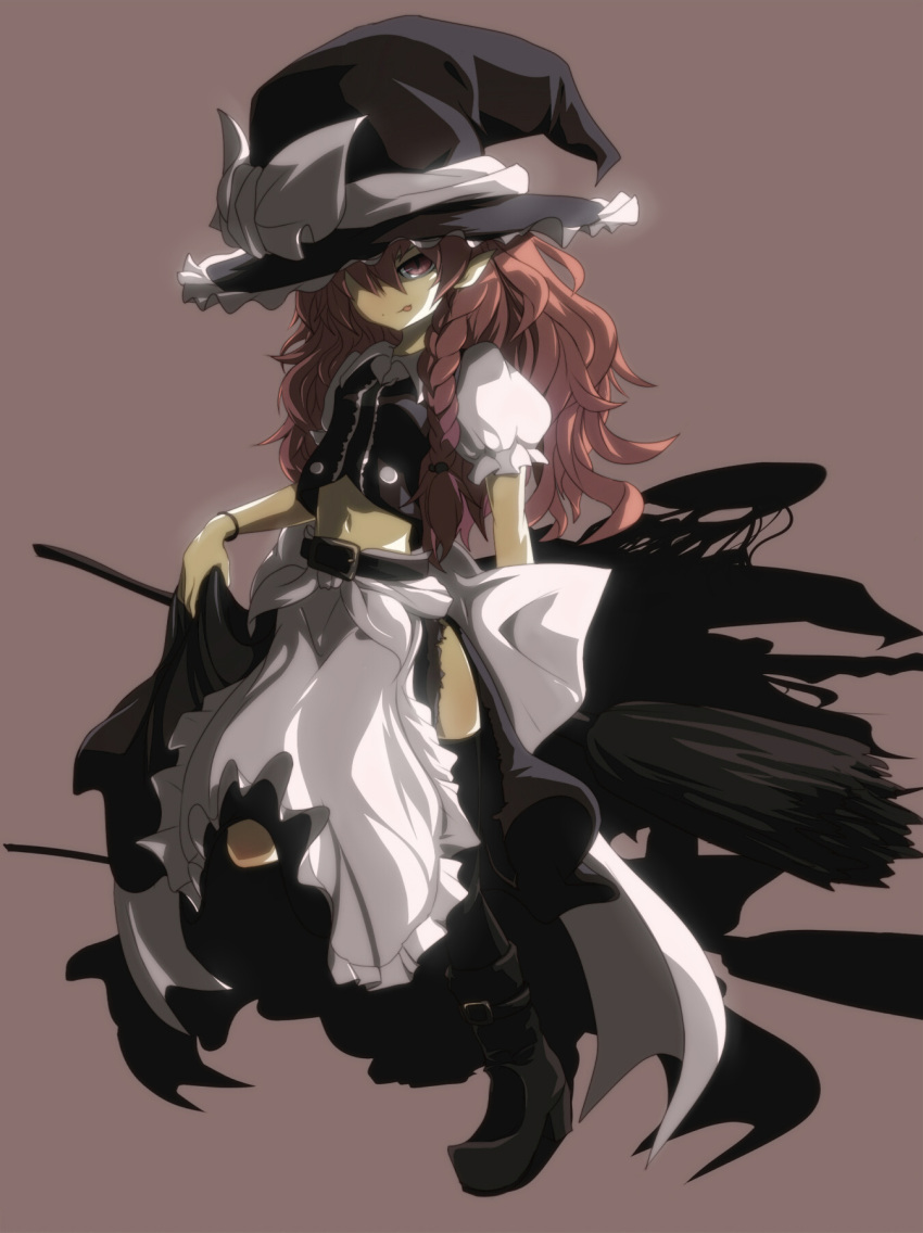 :p adapted_costume alternate_hair_color bad_id black_buraku black_legwear black_thighhighs blonde_hair boots bracelet braid broom broom_riding hat highres jewelry kirisame_marisa long_hair midriff navel ogipote one-eyed pointy_ears red_eyes red_hair shadow side_slit simple_background slit_pupils solo thigh-highs thighhighs tongue touhou witch witch_hat