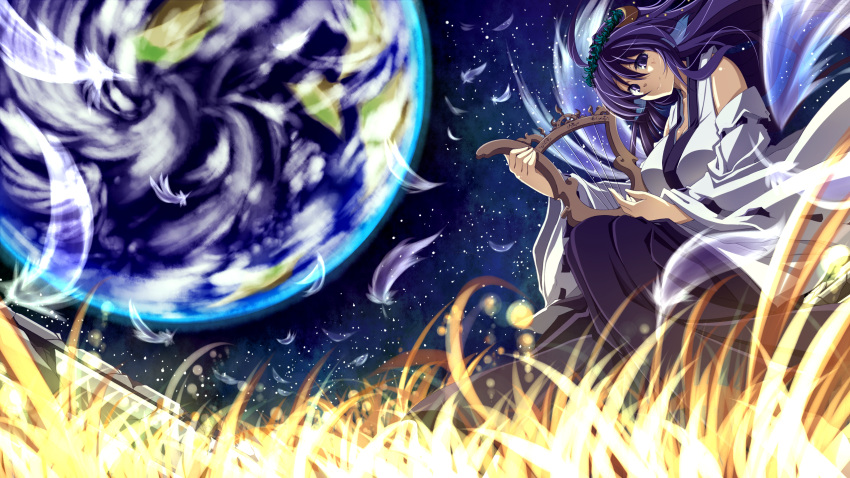 depth_of_field detached_sleeves earth feathers grass harp highres instrument japanese_clothes light_smile long_hair miko original purple_eyes purple_hair rondo_umigame sky solo space star_(sky) starry_sky violet_eyes