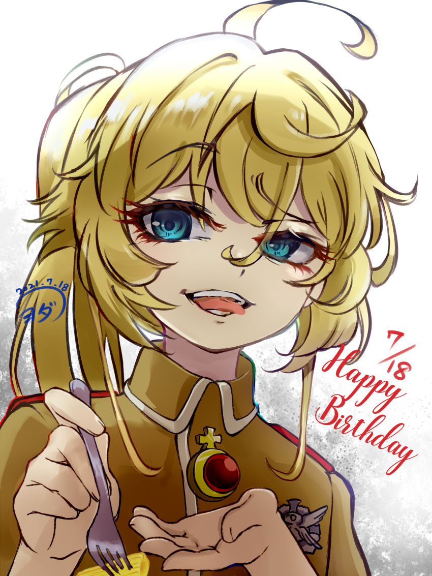 absurdres ahoge blonde_hair blue_eyes brown_jacket collared_jacket commentary_request cross dated english_text food fork gem hair_between_eyes hands_up happy_birthday high_ponytail highres holding holding_fork huge_ahoge iron_cross jacket jewelry long_hair long_hair_between_eyes medal military military_jacket military_uniform open_mouth pasta pendant penne_(pasta) ponytail red_gemstone sidelocks signature simple_background smile tanya_degurechaff teeth tongue tongue_out upper_body white_background youda_(seravichacha) youjo_senki