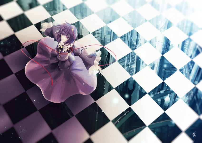 arufa_(hourai-sugar) checkered checkered_floor komeiji_satori looking_up outstretched_arms reflection solo spread_arms touhou