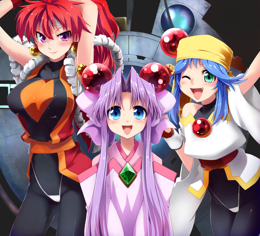 arms_up bandana bandanna bloodberry blue_eyes blue_hair breasts cherry_(saber_j) earrings fang green_eyes grune grune_(artist) hair_ornament highres japanese_clothes jewelry lime lime_(saber_j) long_hair multiple_girls open_mouth purple_eyes purple_hair red_hair redhead saber_marionette_j twintails violet_eyes wink
