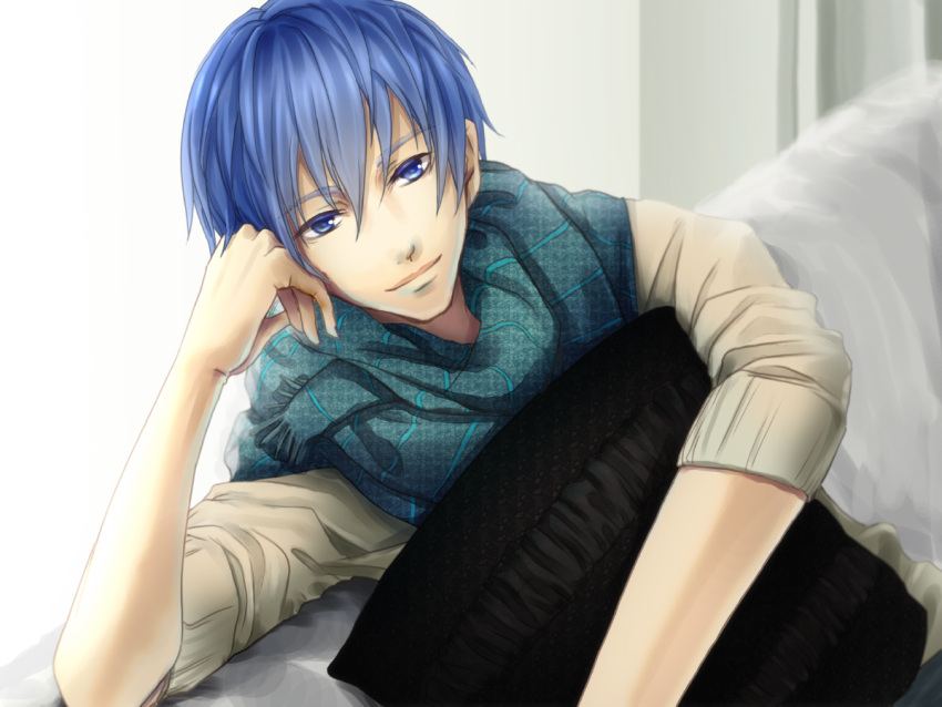 blue_eyes blue_hair kaito pillow short_hair vocaloid