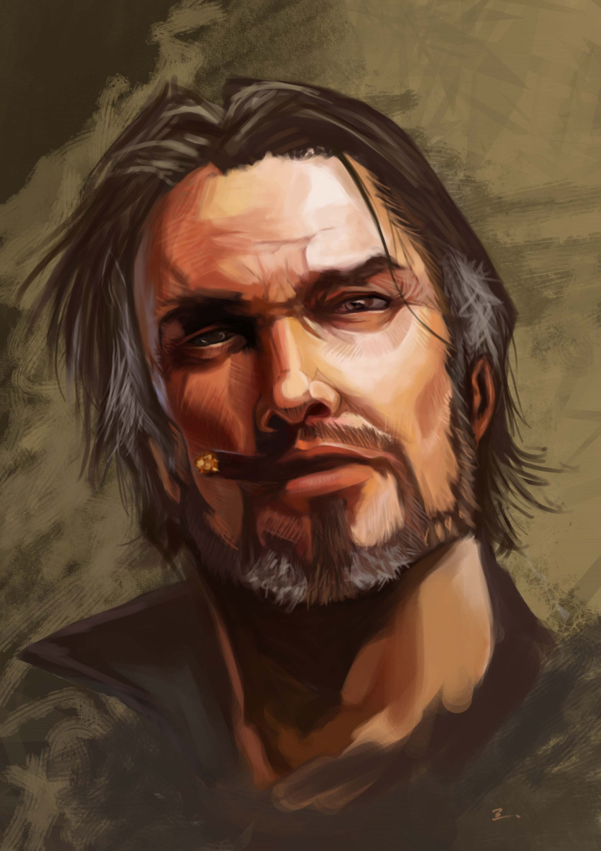 absurdres bad_id beard cigar facial_hair highres jim_raynor male manly popped_collar portrait realistic sanyuejiuri smoking solo starcraft starcraft_2:_wings_of_liberty