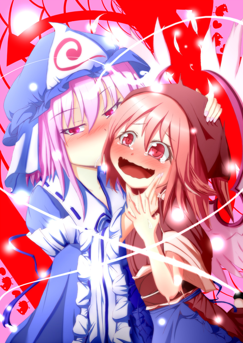 blush commentary commentary_request giorgio_claes hand_on_chin hand_on_head highres mystia_lorelei open_mouth saigyouji_yuyuko saliva smile tears touhou wavy_mouth you_gonna_get_raped
