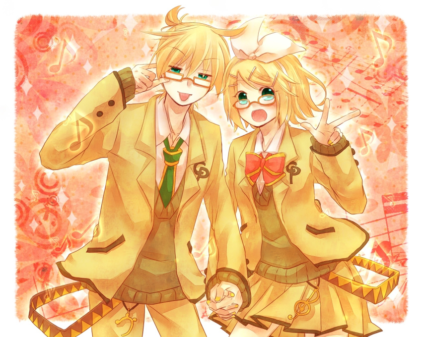 bass_clef belt bow glasses green_eyes hairclip holding_hands kagamine_len kagamine_rin nail_polish necktie open_mouth pleated_skirt ponytail project_diva_2nd short_hair sweater_vest tongue treble_clef v vocaloid