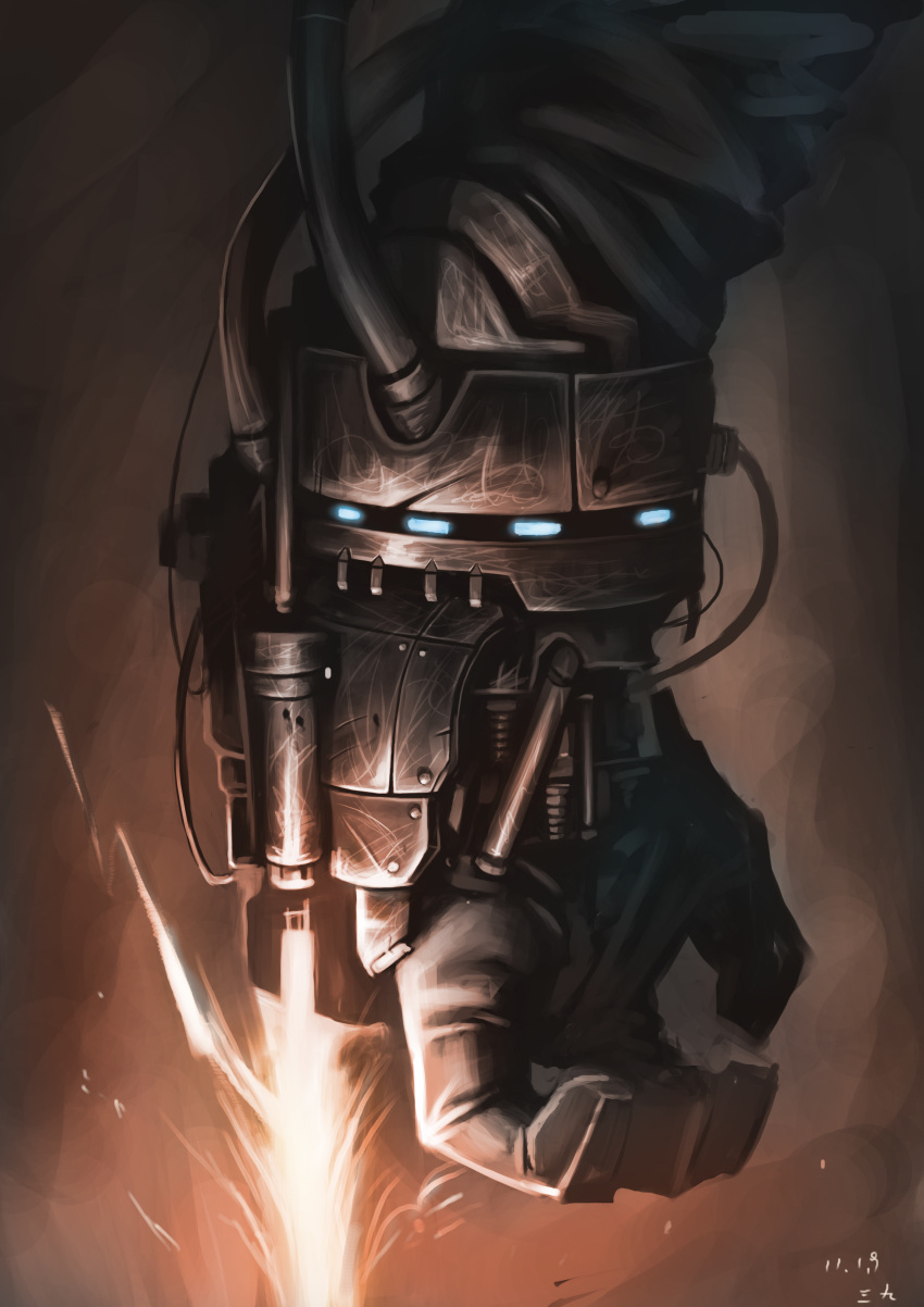 copyright_request dark fire flame flamethrower gloves glowing hands highres mechanical sanyuejiuri weapon