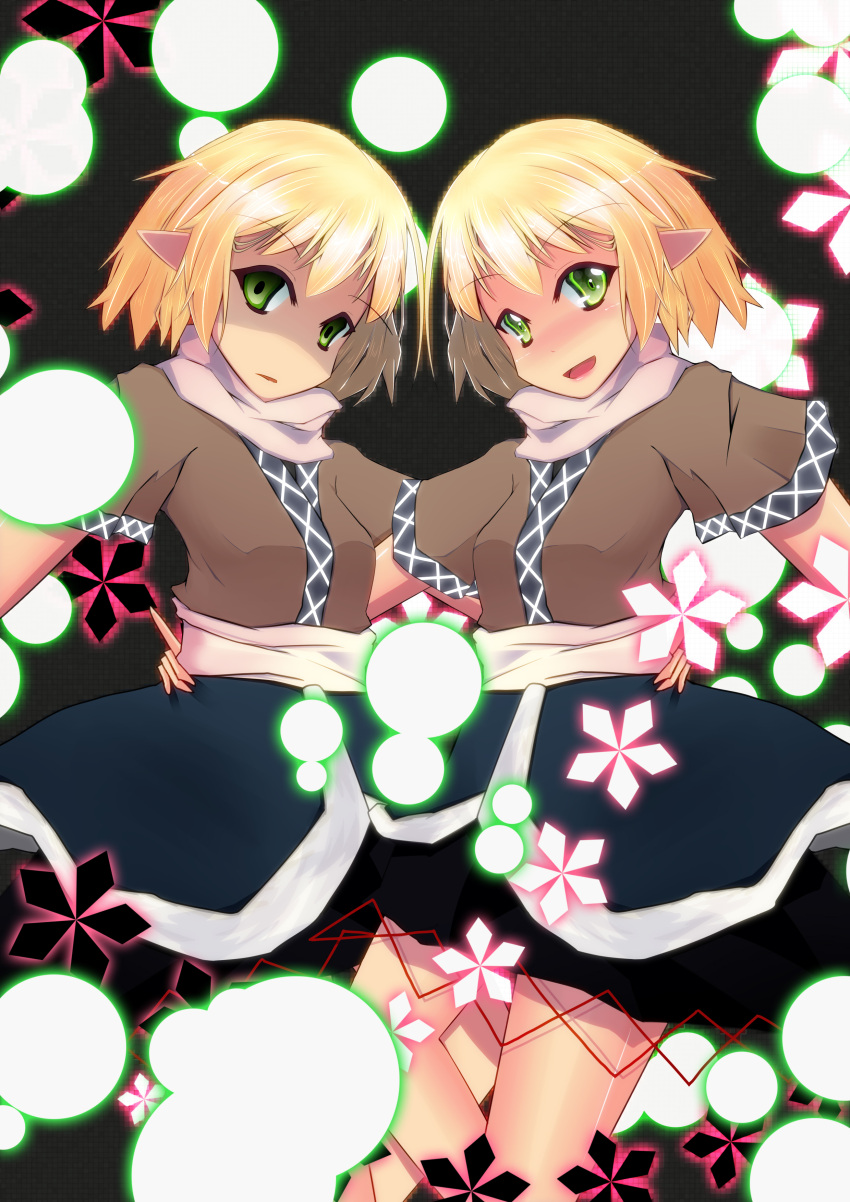 absurdres blonde_hair dual_persona dull_eyes empty_eyes enkin green_eyes hand_on_hip highres hips mizuhashi_parsee multiple_girls open_mouth pointy_ears scarf short_hair smile touhou