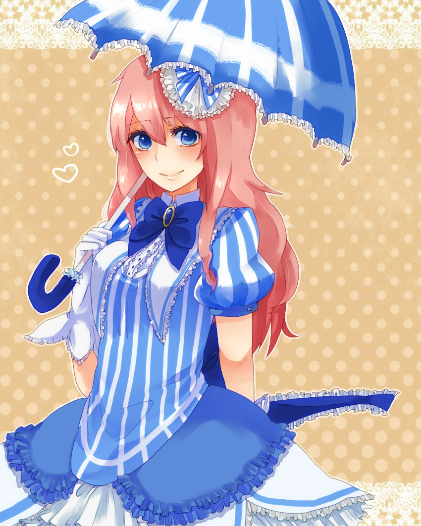 1girl blue_eyes dress gloves highres lgw7 long_hair megurine_luka pink_hair project_diva project_diva_2nd smile solo umbrella victorian vocaloid