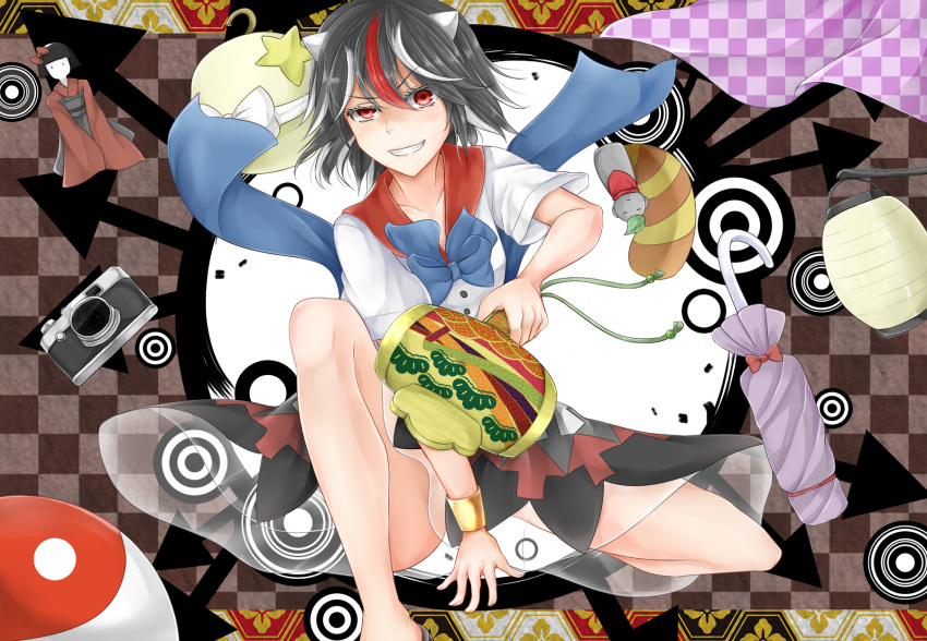1girl black_hair bracelet camera cape checkered closed_umbrella concentric_circles directional_arrow doll grin highres horns impossible_spell_card jewelry kijin_seija lantern mallet multicolored_hair orb paper_lantern red_eyes see-through shirt skirt smile star statue tanuki tokoya touhou umbrella yin_yang