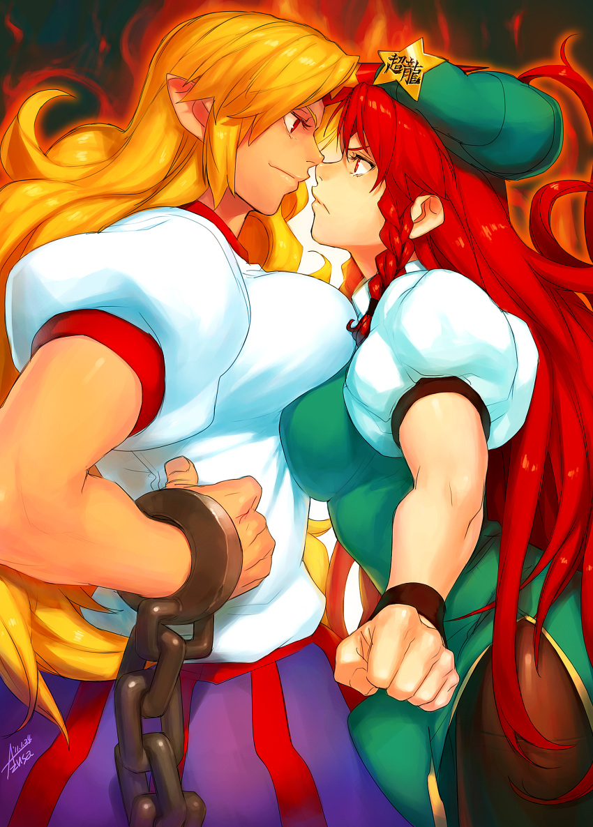 absurdres asymmetrical_docking azusa blonde_hair braid breast_press breasts cuffs eye_contact face-to-face face_to_face hat highres hong_meiling horn hoshiguma_yuugi large_breasts long_hair looking_at_another multiple_girls pantyhose pointy_ears red_eyes red_hair redhead touhou twin_braids
