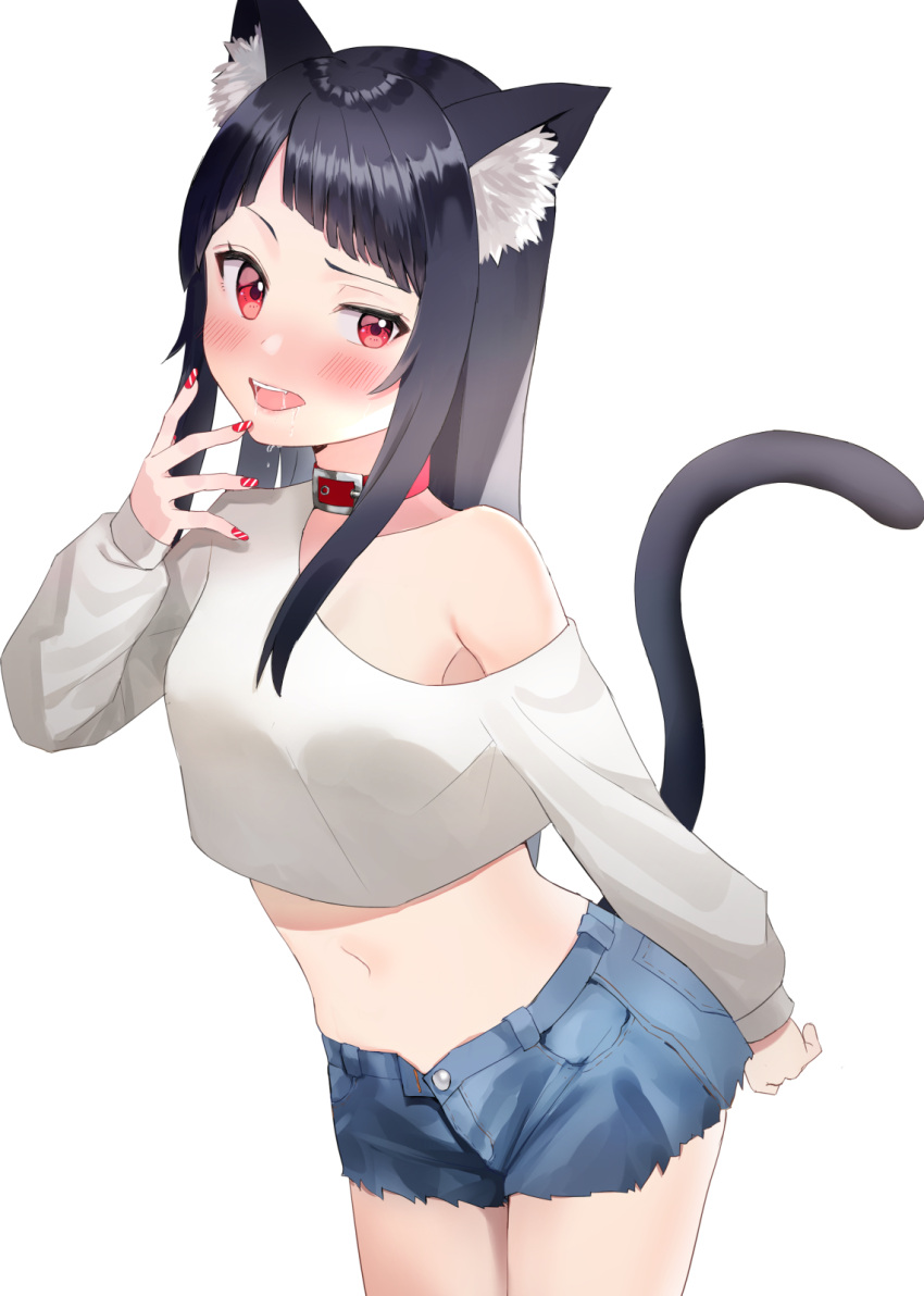 1girl animal_ear_fluff animal_ears black_hair blue_shorts blush cat_ears cat_girl cat_tail collar commentary crop_top denim denim_shorts highres kubong leaning_forward long_hair long_sleeves looking_at_viewer midriff nail_polish navel off_shoulder open_mouth original puffy_long_sleeves puffy_sleeves red_collar red_eyes red_nails saliva shirt short_shorts shorts simple_background sleeves_past_wrists solo tail uneven_eyes upper_teeth very_long_hair white_background white_shirt