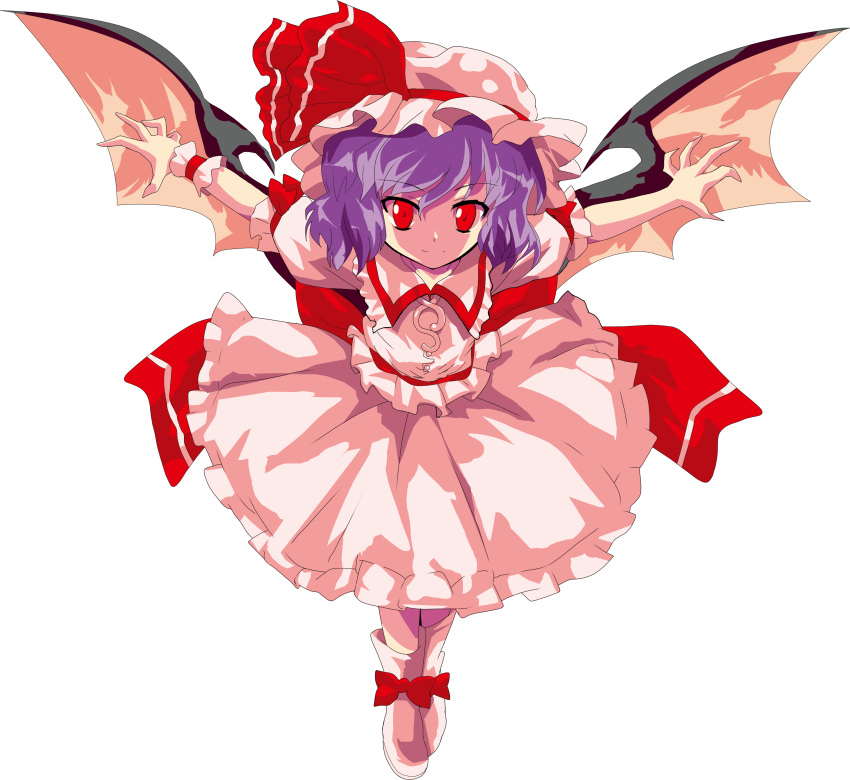 absurdres alphes_(style) arms_up bat_wings blue_hair game_cg hat hat_ribbon highres outstretched_arms oyu_no_kaori parody red_eyes remilia_scarlet ribbon short_hair solo spread_arms style_parody touhou transparent_background wings wrist_cuffs
