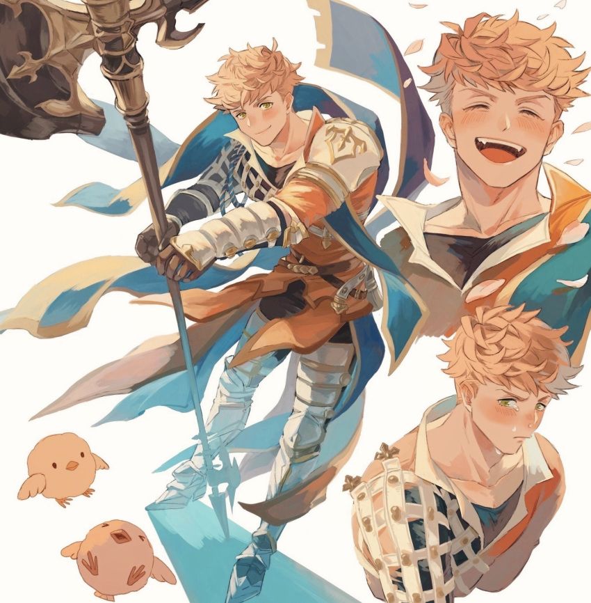 1boy animal armor armored_boots axe bangs bird blonde_hair blush boots brown_gloves chick closed_eyes closed_mouth crying crying_with_eyes_open falling_petals gloves granblue_fantasy greaves green_eyes highres holding holding_axe holding_weapon looking_at_viewer male_focus multiple_views oooinaaa open_mouth pauldrons petals short_hair shoulder_armor single_pauldron smile streaming_tears tears vambraces vane_(granblue_fantasy) weapon white_background