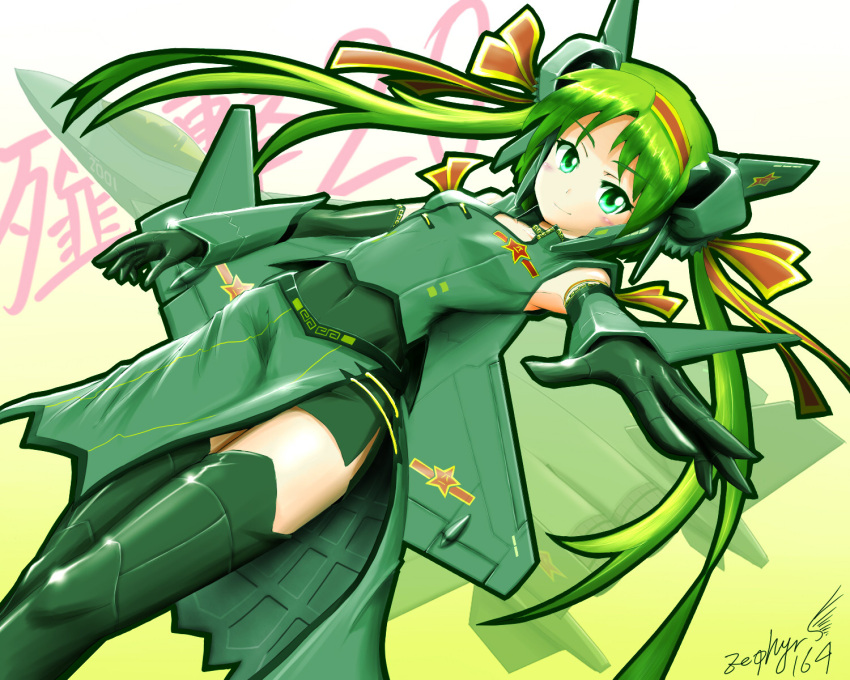 1girl airplane china female green_eyes green_hair hair_ornament hair_ribbon head_wings highres j-20 jet long_hair mecha_musume military original outstretched_arm people's_liberation_army_air_force reaching ribbon solo star twintails zephyr164
