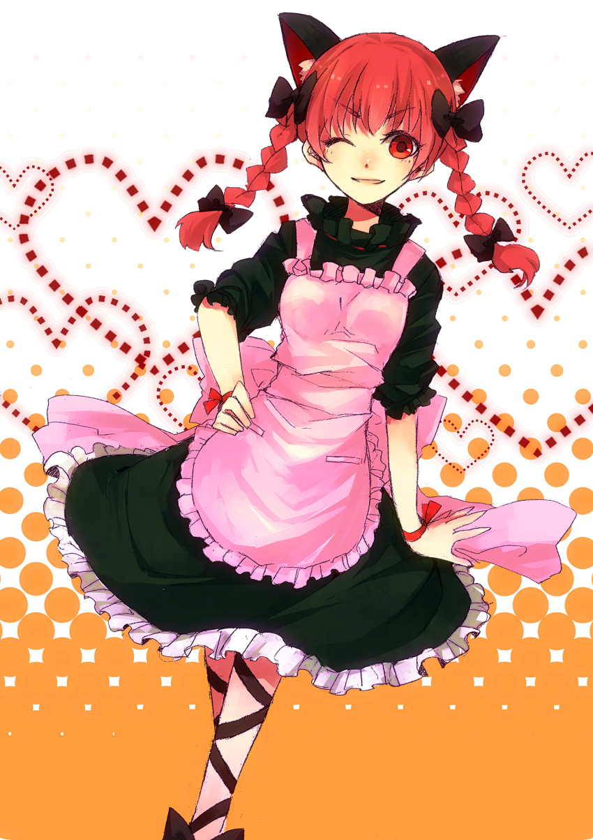 74_(teduka) absurdres animal_ears apron braid cat_ears face highres kaenbyou_rin red_eyes red_hair redhead short_hair solo touhou twin_braids twintails
