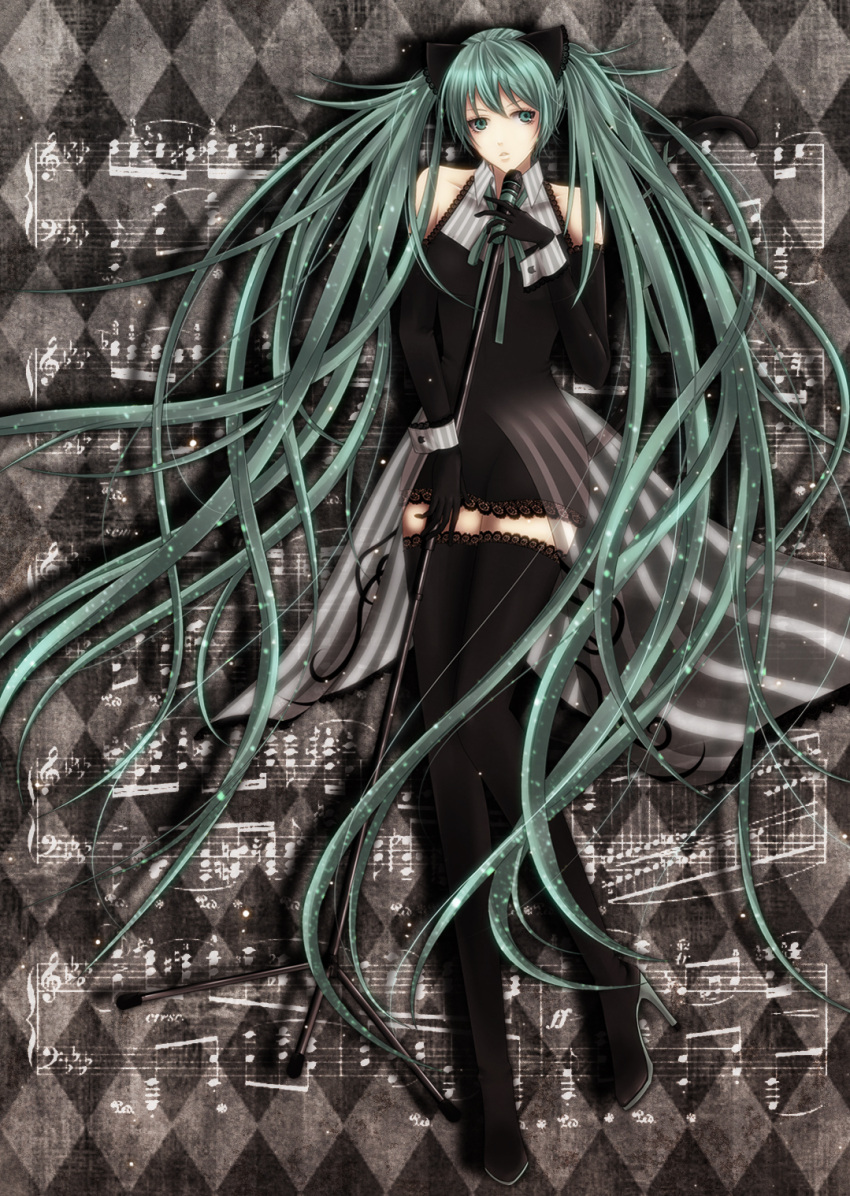 bad_id boots checkered checkered_background elbow_gloves gloves green_eyes green_hair hatsune_miku high_heels highres lace lace-trimmed_thighhighs long_hair microphone microphone_stand musical_note sawao_(kenban2) shoes solo thigh-highs thigh_boots thighhighs twintails very_long_hair vocaloid wrist_cuffs