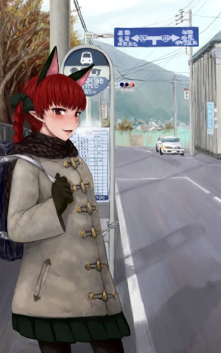 animal_ears black_legwear black_pantyhose braid bus_stop cat_ears coat contemporary extra_ears go-m highres kaenbyou_rin pantyhose pointy_ears red_eyes red_hair redhead road scarf short_hair solo toggles touhou winter_clothes